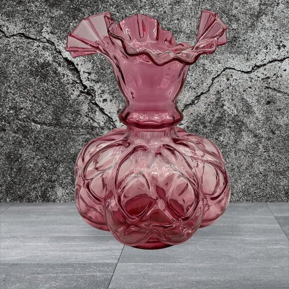 FENTON Cranberry Melon Vase Art Glass Optic Coin Dot Vase Ruffled Edge 8" Tall - Picture 4 of 16